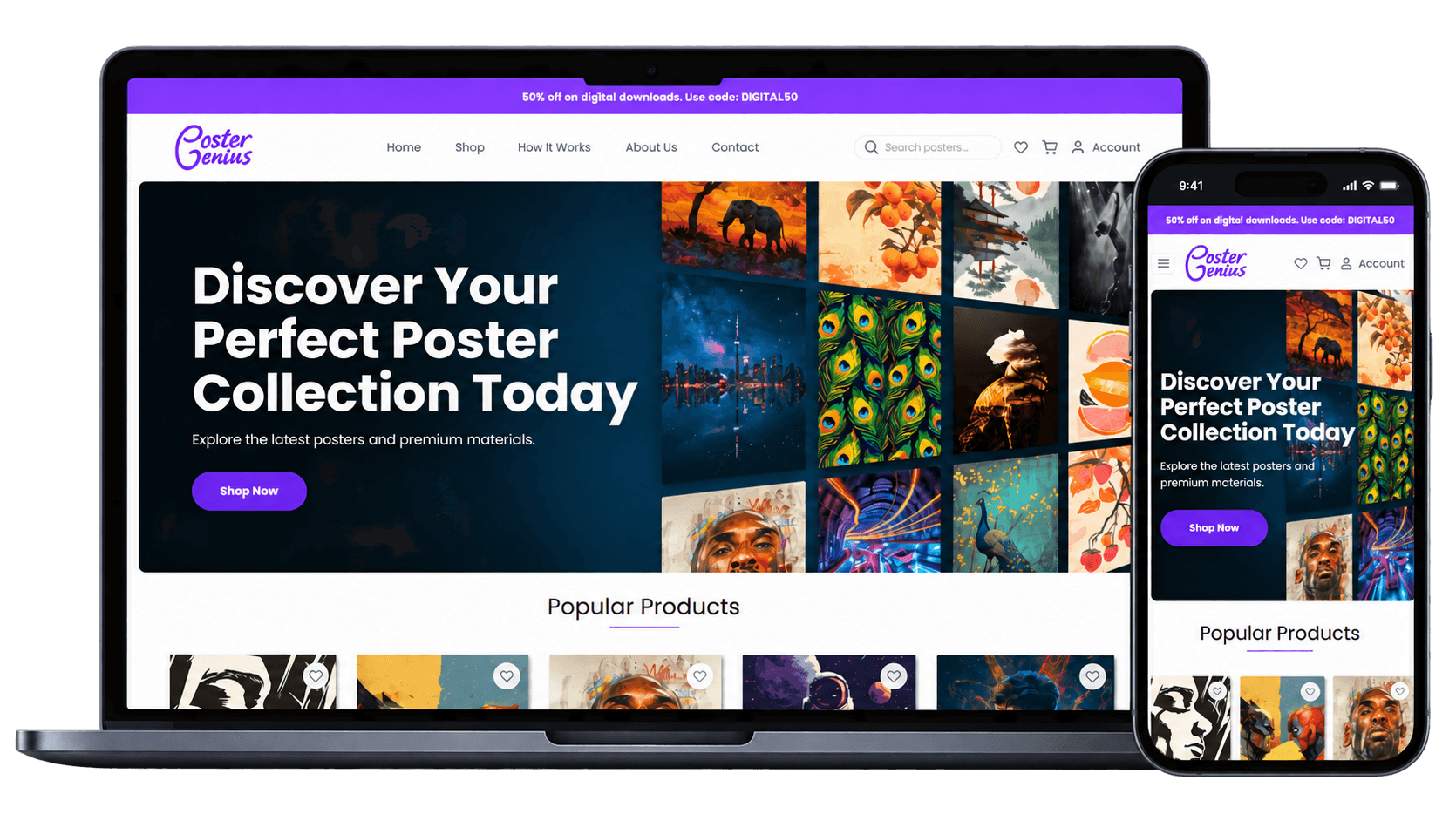 PosterGenius e-commerce website shown on desktop and mobile devices